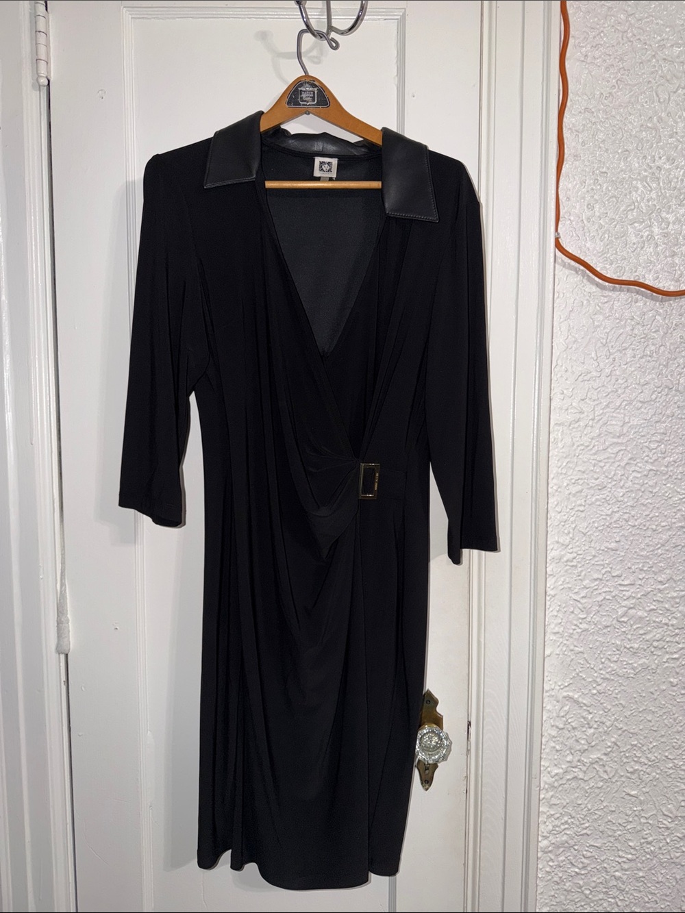 Anne Klein Black Draped Wrap Dress with Faux-Leather Collar